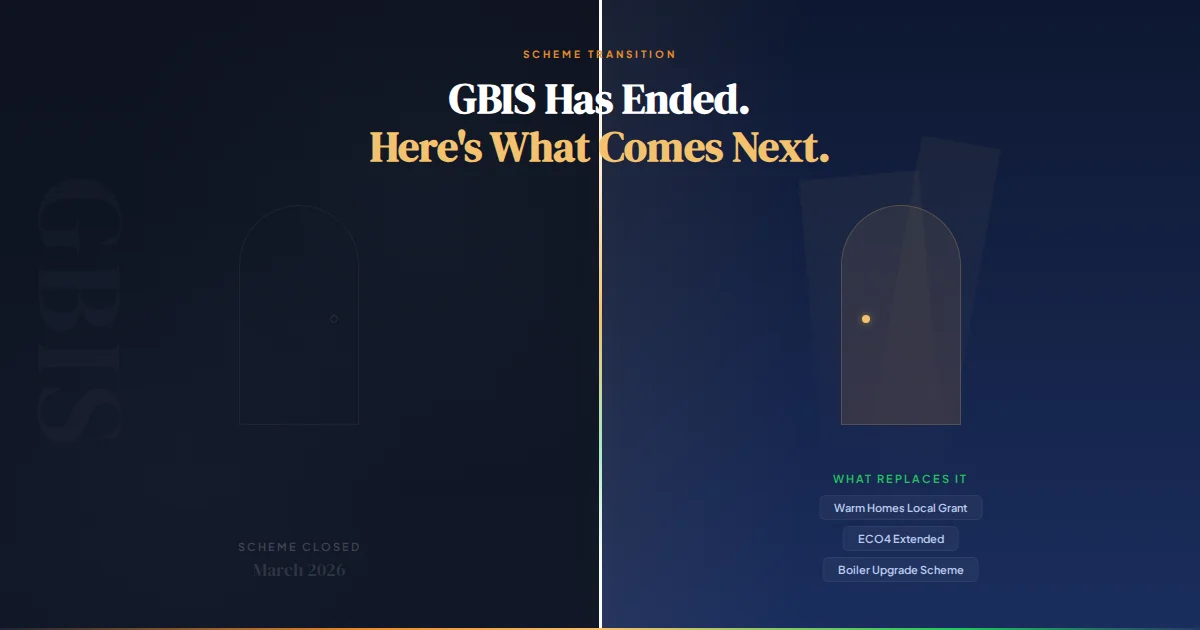 Split illustration showing a closed door in darkness on the left and an open door with warm light flooding through on the right — representing the end of GBIS and the schemes that replace it