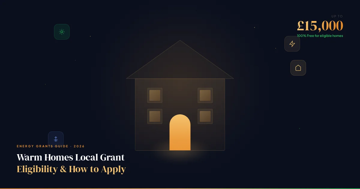 Warm Home glowing in the dark with orbiting energy upgrade icons — solar panels, insulation, heat pumps — illustrating the Warm Homes Local Grant scheme